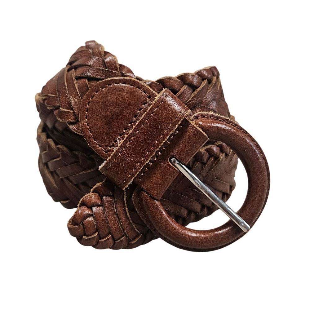 Lafayette 148 Woven Belt Womens L/XL Brown Leather Braided Round Buckle Boho